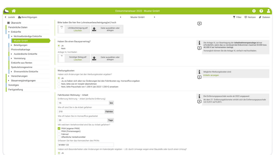Oberfläche von smart-ESt-Steuern