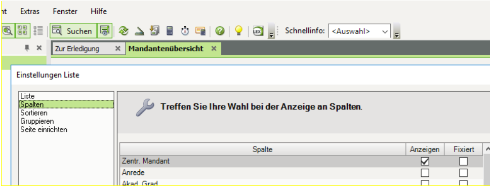 Einstellungen Liste in DATEV EO classic